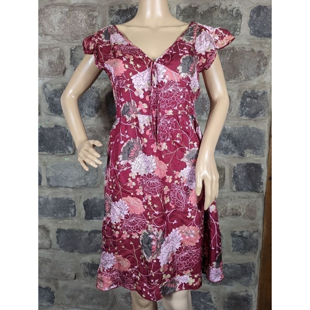 Mon Petit Oiseau Burgundy Floral‎ 100% Silk Open Back Cap Sleeve Dress Small